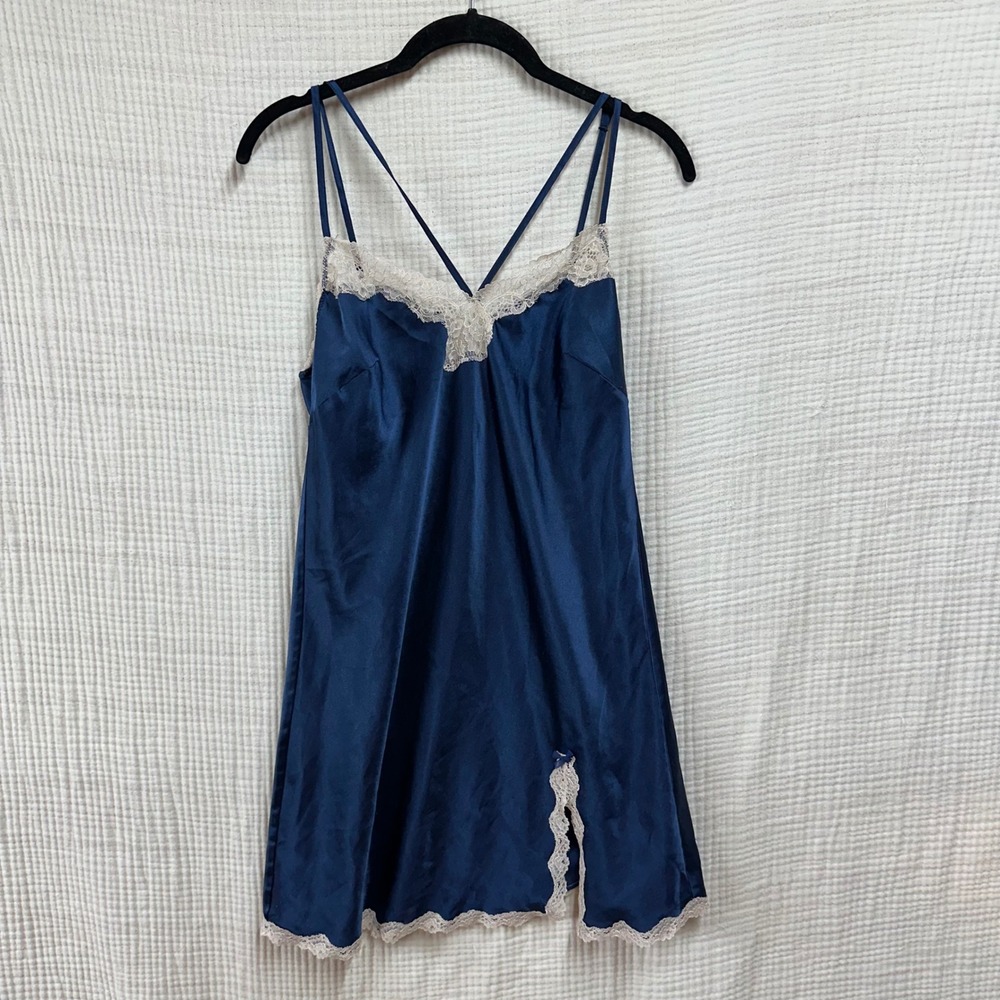 Y2K Victorias Secret Navy Blue Satin Lace Trim Slip Nightgown Nightie Size M